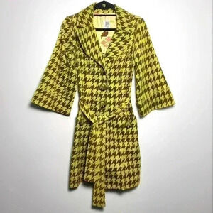 Ivy Jane RARE Vintage Houndstooth Coat In Muted Lime & Earth Brown With Belt XS